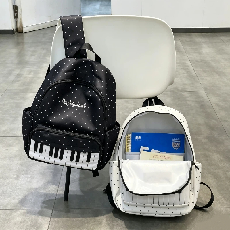Hiking Backpack Waterproof - Black White Piano Note Wave Point