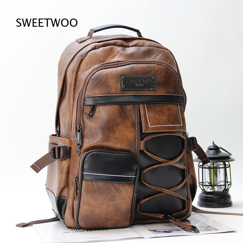 Men Brown Color Block Faux Lea - Leather Backpack Vintage review and price