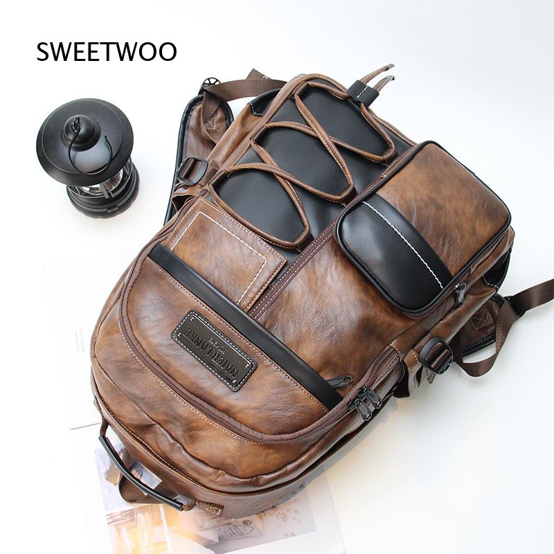 Men Brown Color Block Faux Lea - Leather Backpack Vintage review and price