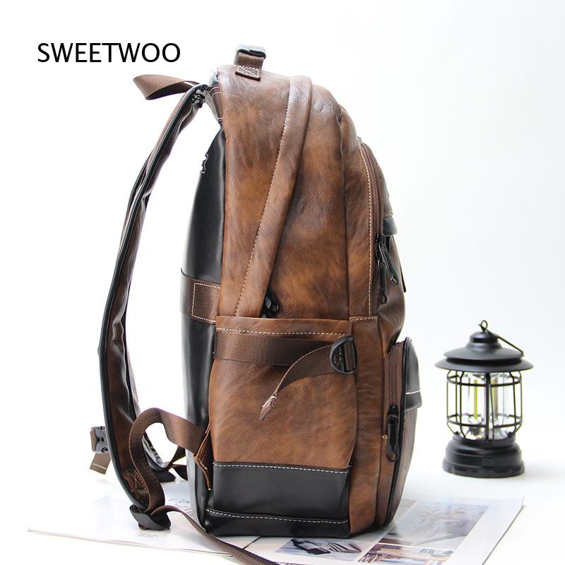 Men Brown Color Block Faux Lea - Leather Backpack Vintage review and price
